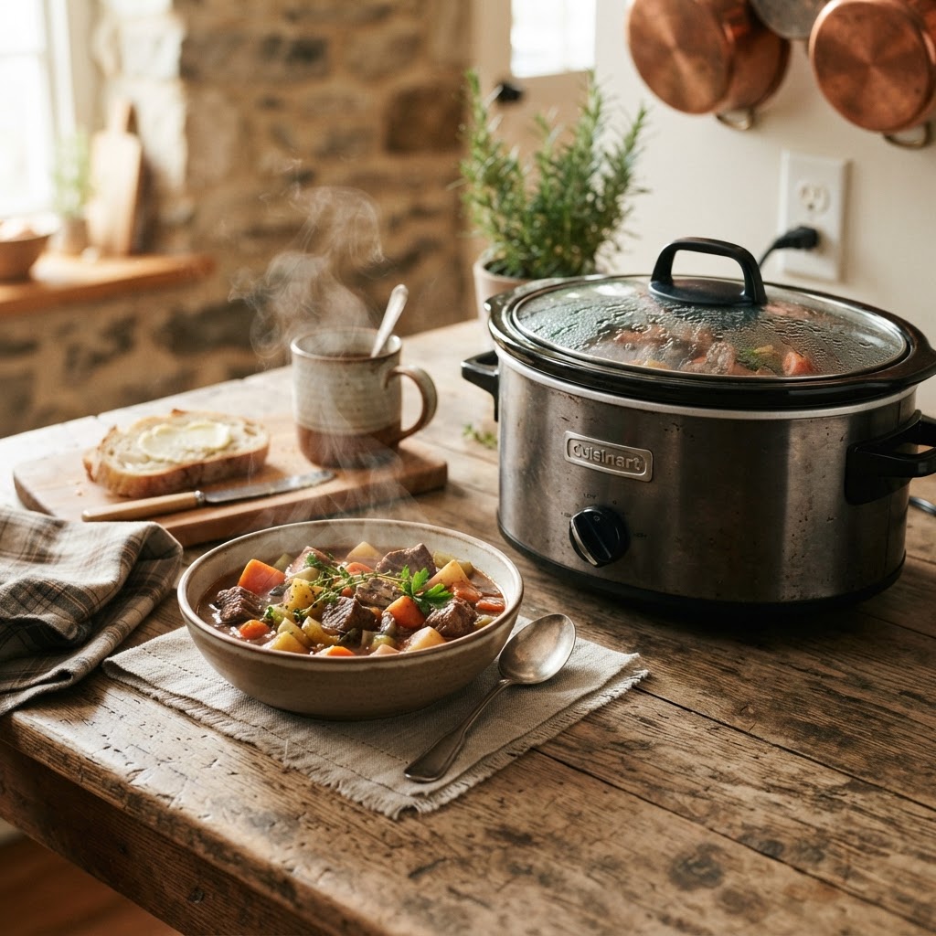 Hearty beef stew made in a slow cooker.