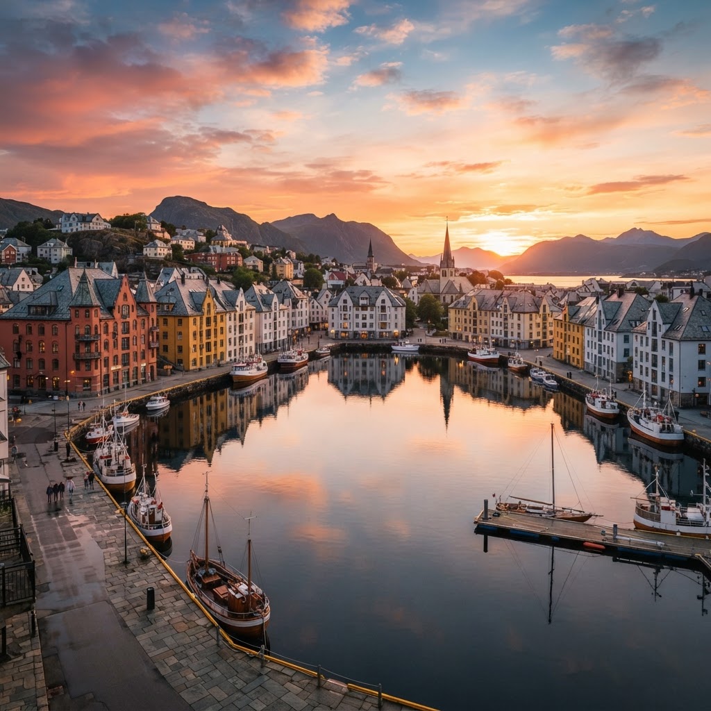 The stunning harbor of Ålesund at dusk.