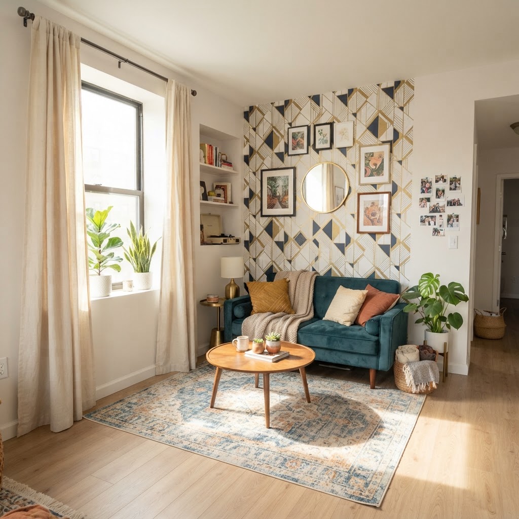 Transform a blank wall with peel-and-stick wallpaper and elevate windows with floor-to-ceiling curtains on a tension rod.