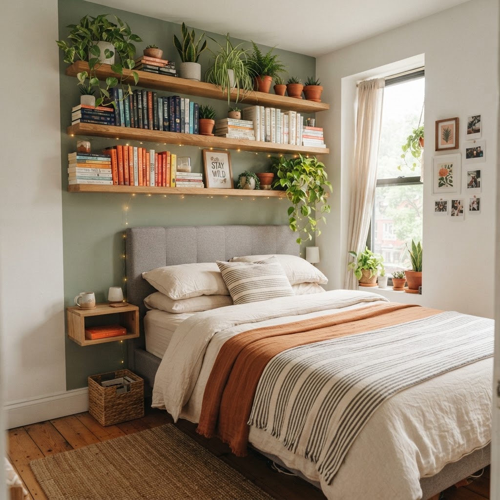 Use floating shelves to draw the eye upward in a small room.
