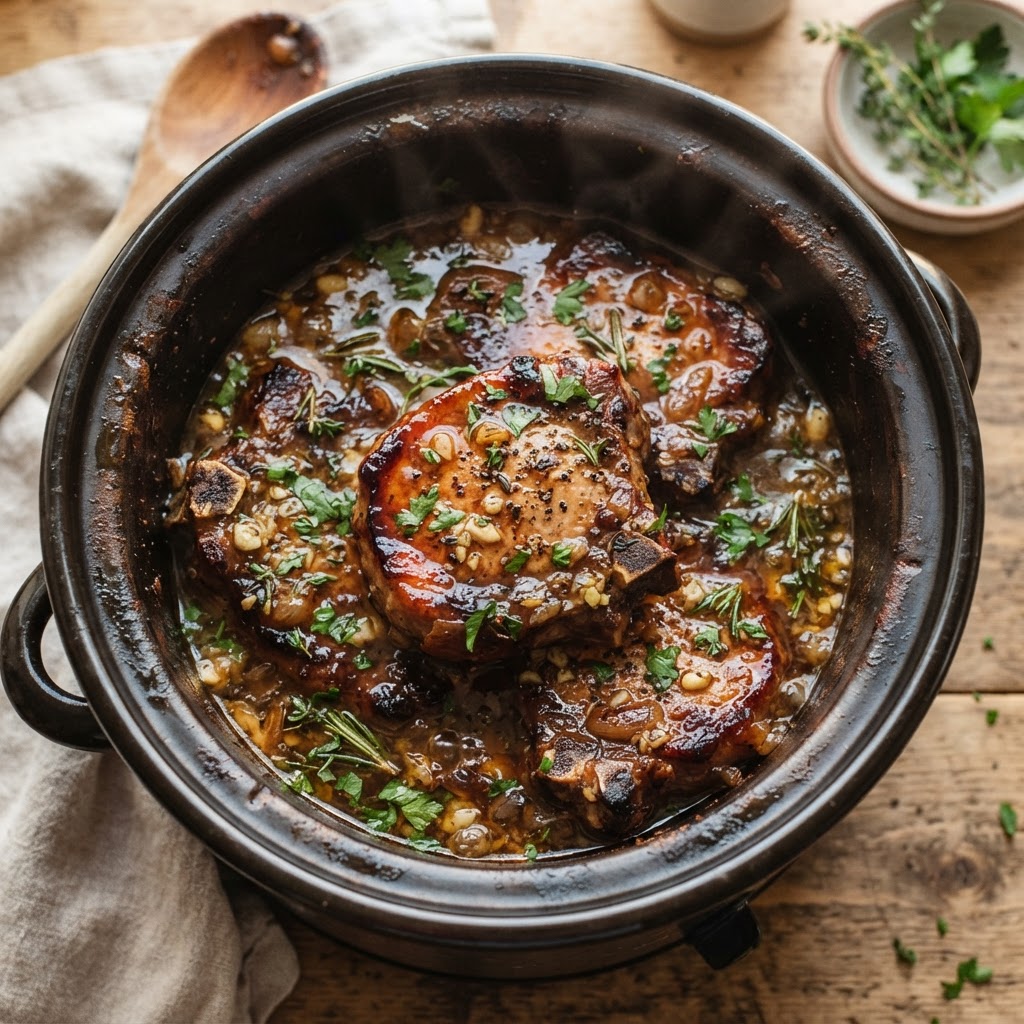 Tender slow cooker pork chops coated in a savory garlic sauce.