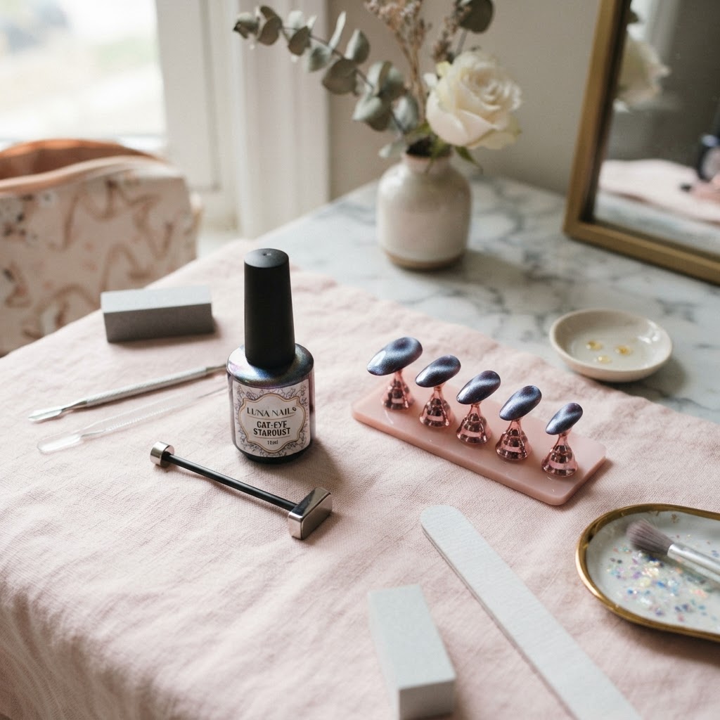 Essential tools for creating beautiful cat-eye nail art at home.