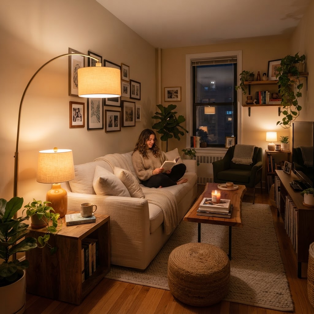 Layering different light sources creates a cozy and expansive feel in small apartments.