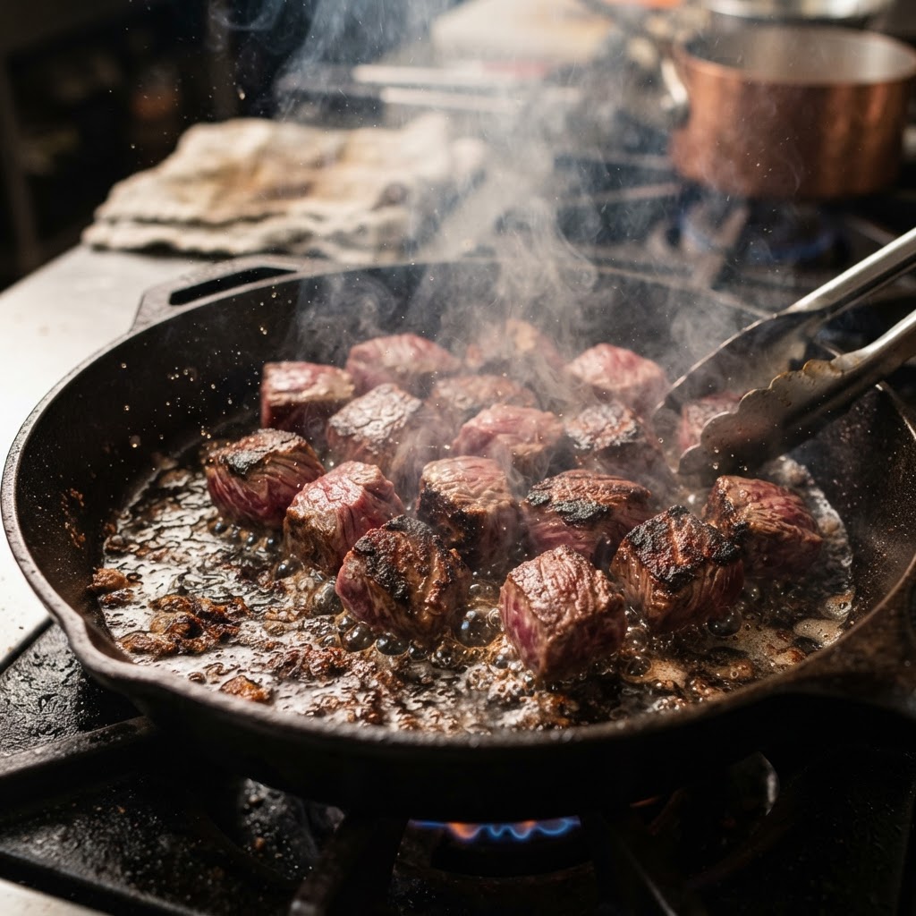 Browning the beef is the key step to developing deep flavor for your stew.