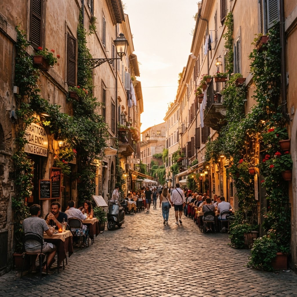 The warm, golden glow of Trastevere’s historic narrow alleys.