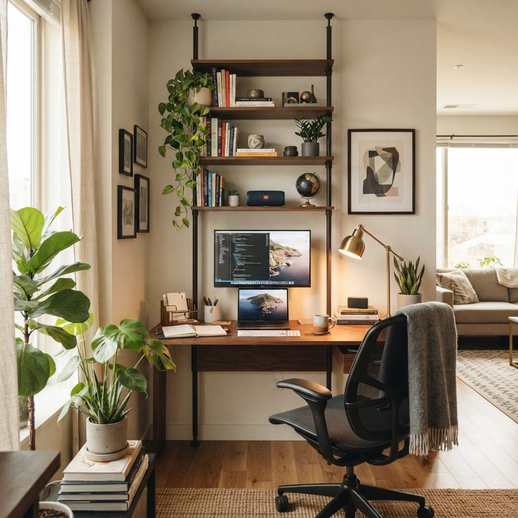 Freestanding shelves provide storage without damaging the walls.