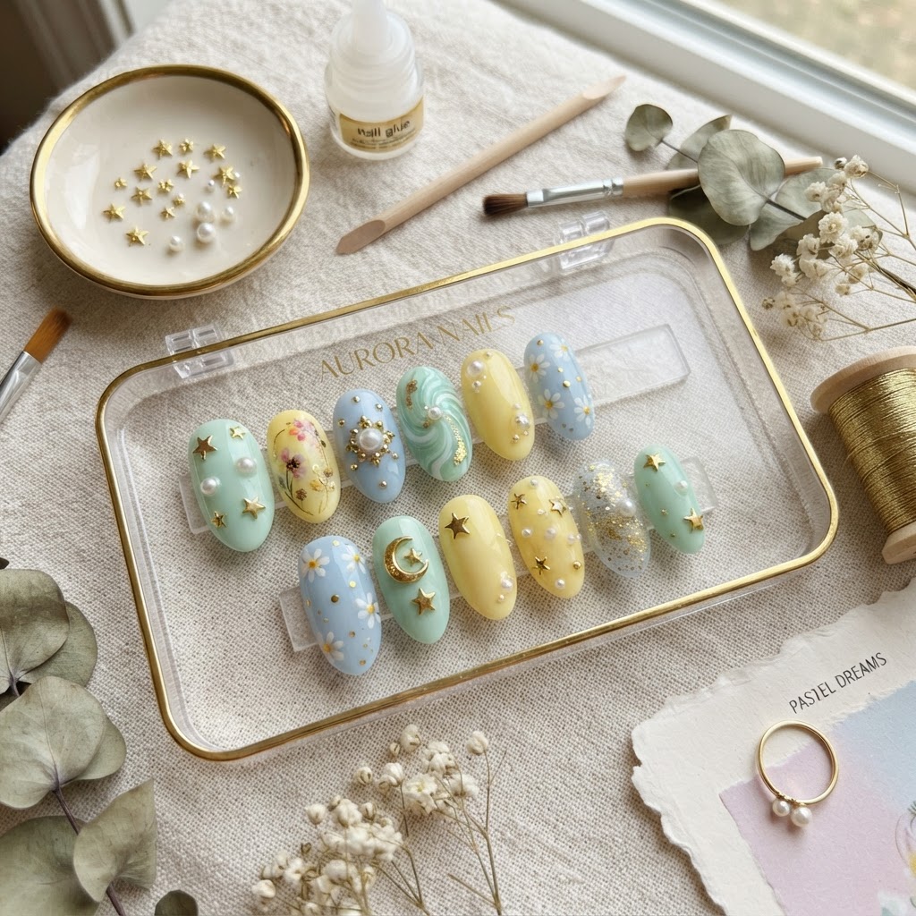 A pastel-colored aesthetic nail set with gold accents.
