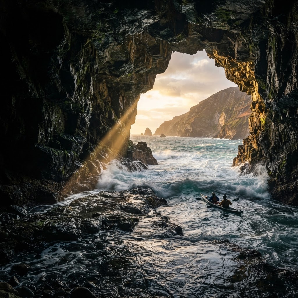 Exploring the majestic hidden sea caves of the Donegal coastline.