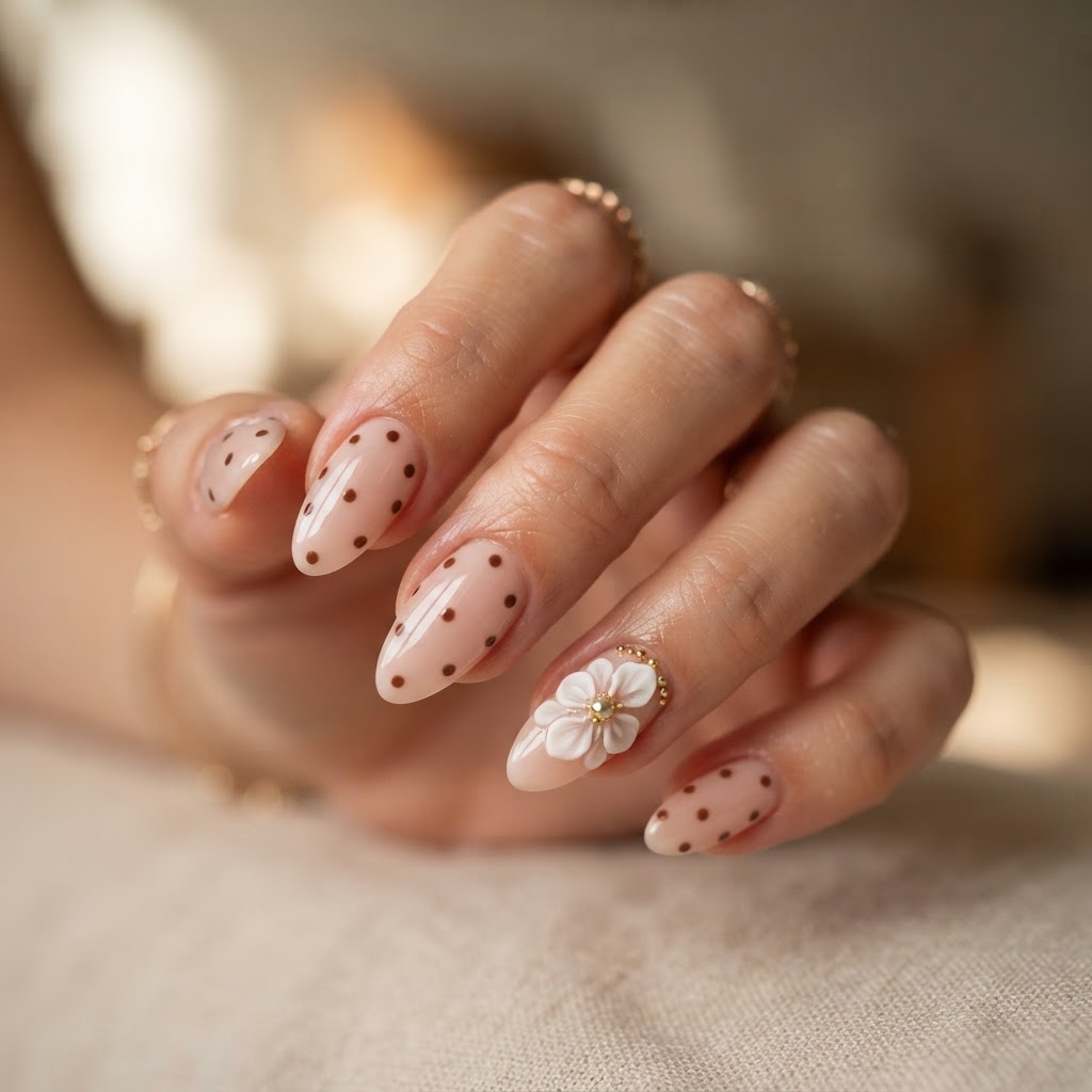 Elegant almond-shaped nails featuring nude pink, chocolate polka dots, and 3D floral accents.