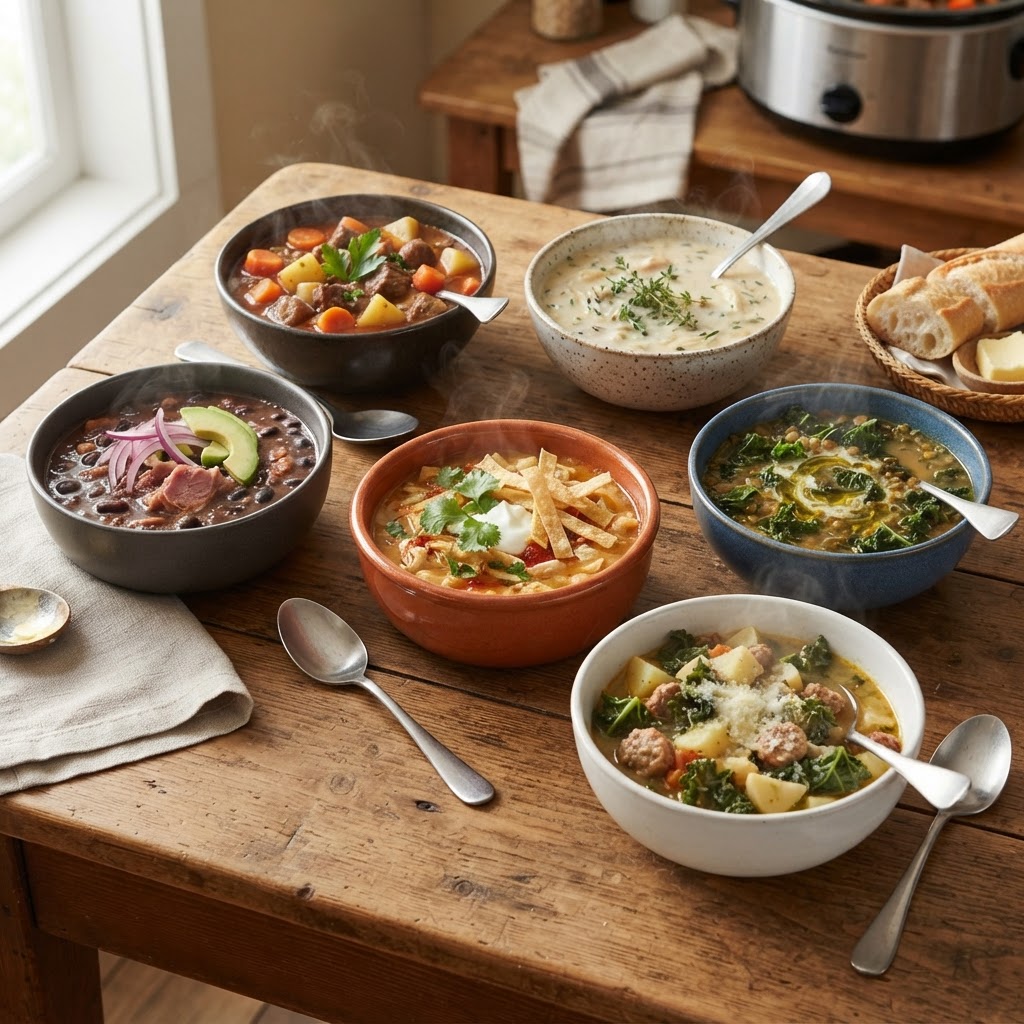 A variety of homemade soups prepared in a slow cooker.