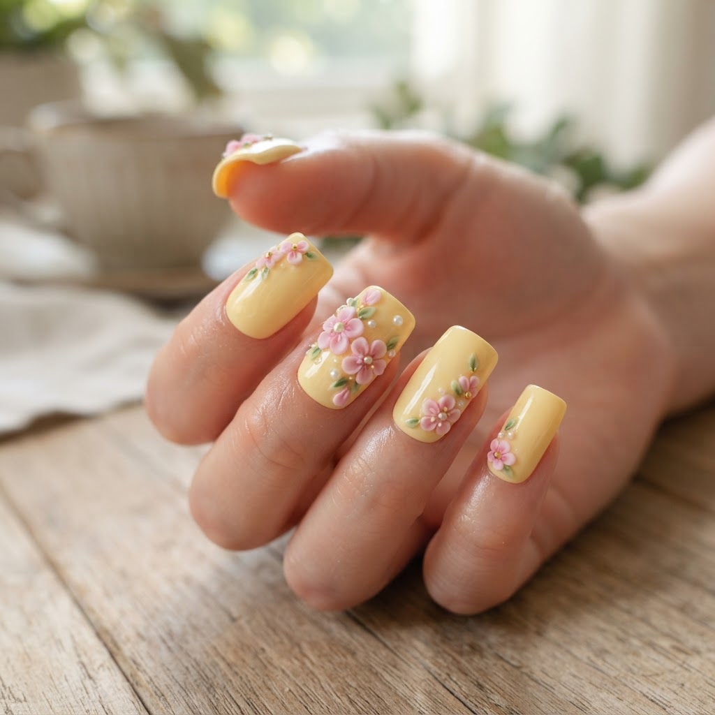 Trending butter yellow press-on nails with delicate 3D pink flowers.