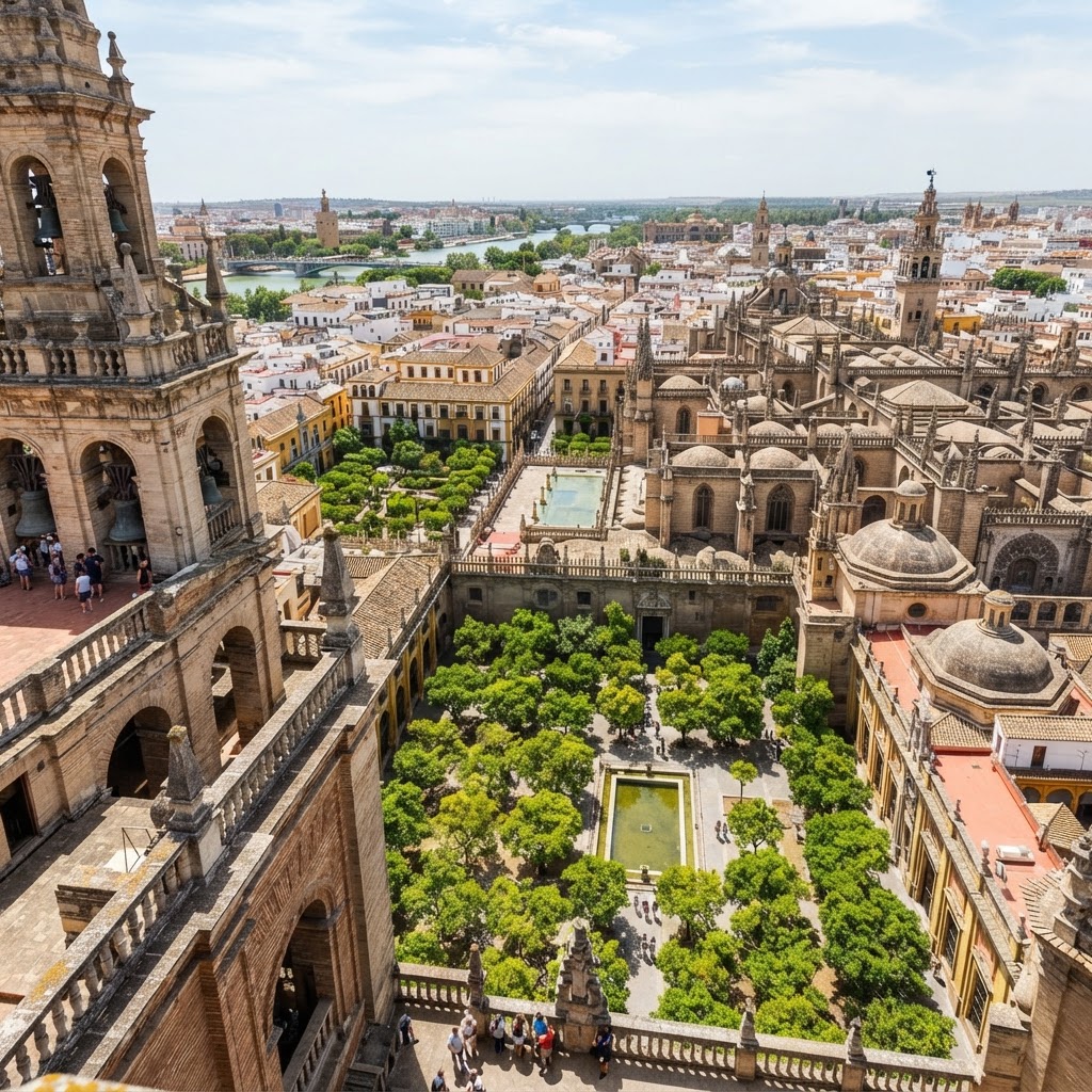 Panoramic views of Seville from the historic Giralda bell tower.