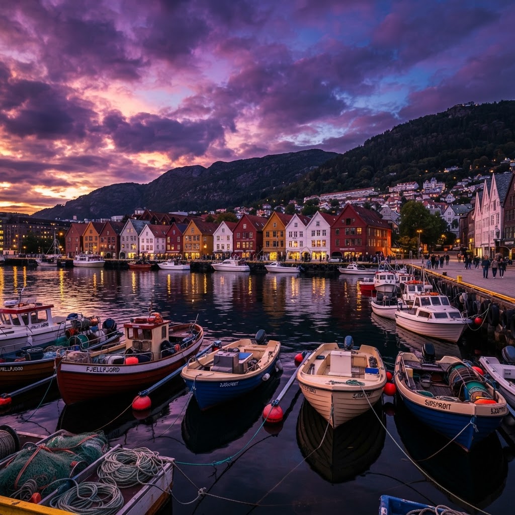 The peaceful atmosphere of Bergen harbor as the sun sets behind the coastal mountains.