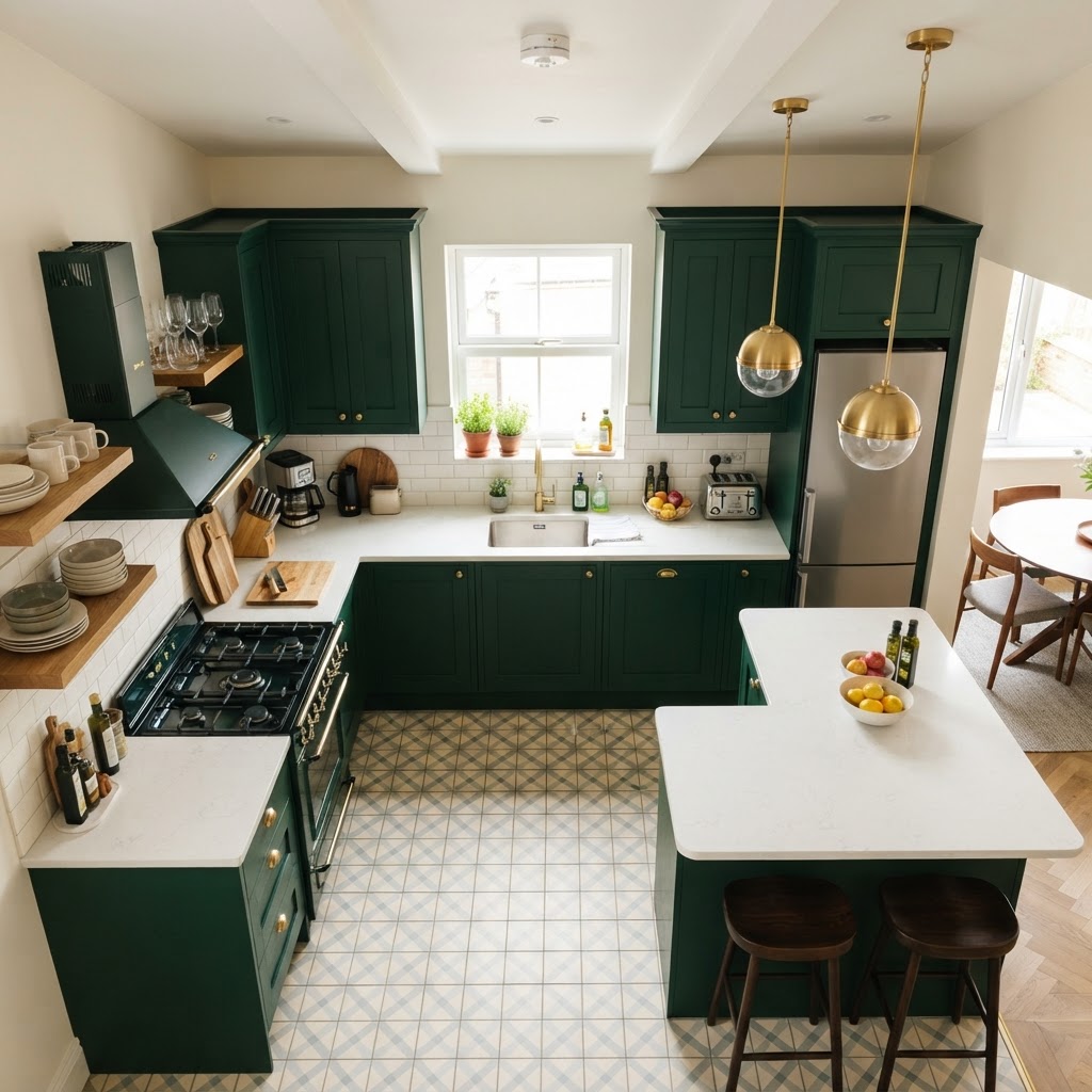 Emerald green cabinets paired with brass accents offer a modern, luxurious look.