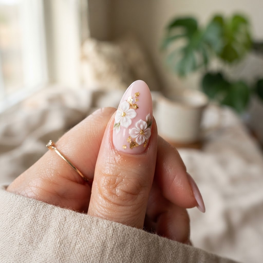 Almond-shaped press-on nails featuring delicate 3D floral art.