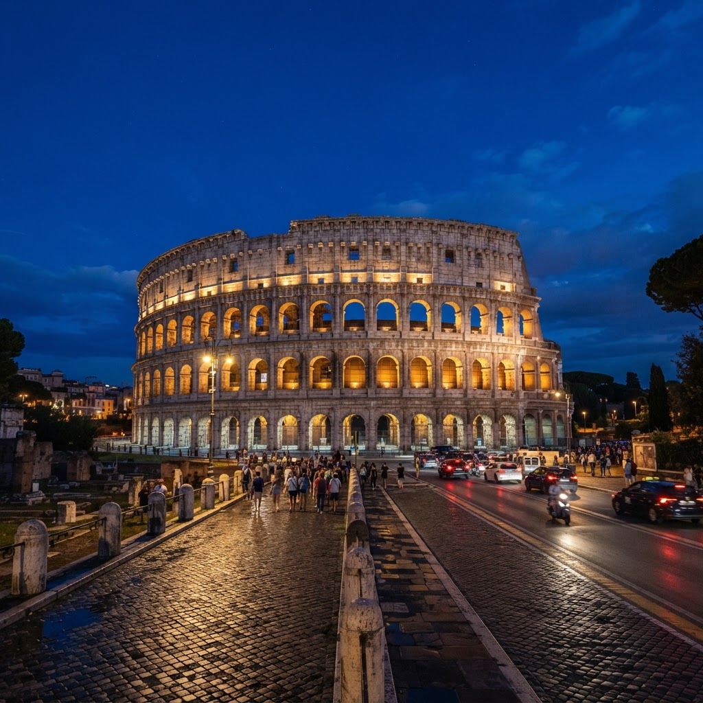 Rome’s Colosseum at Blue Hour: A Photographer's Guide 2 The Colosseum glowing under the deep blue twilight sky.