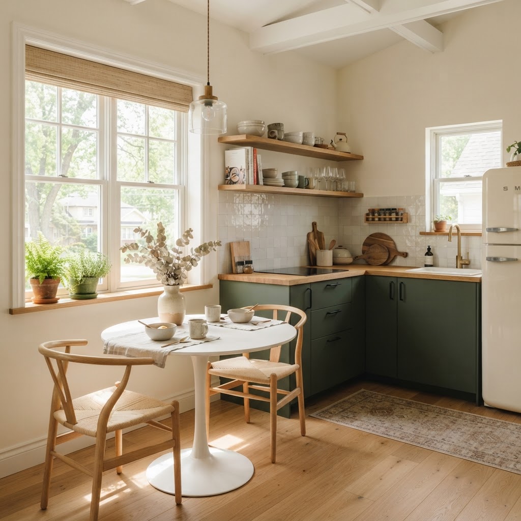 Open shelving keeps a small kitchen feeling spacious and organized.