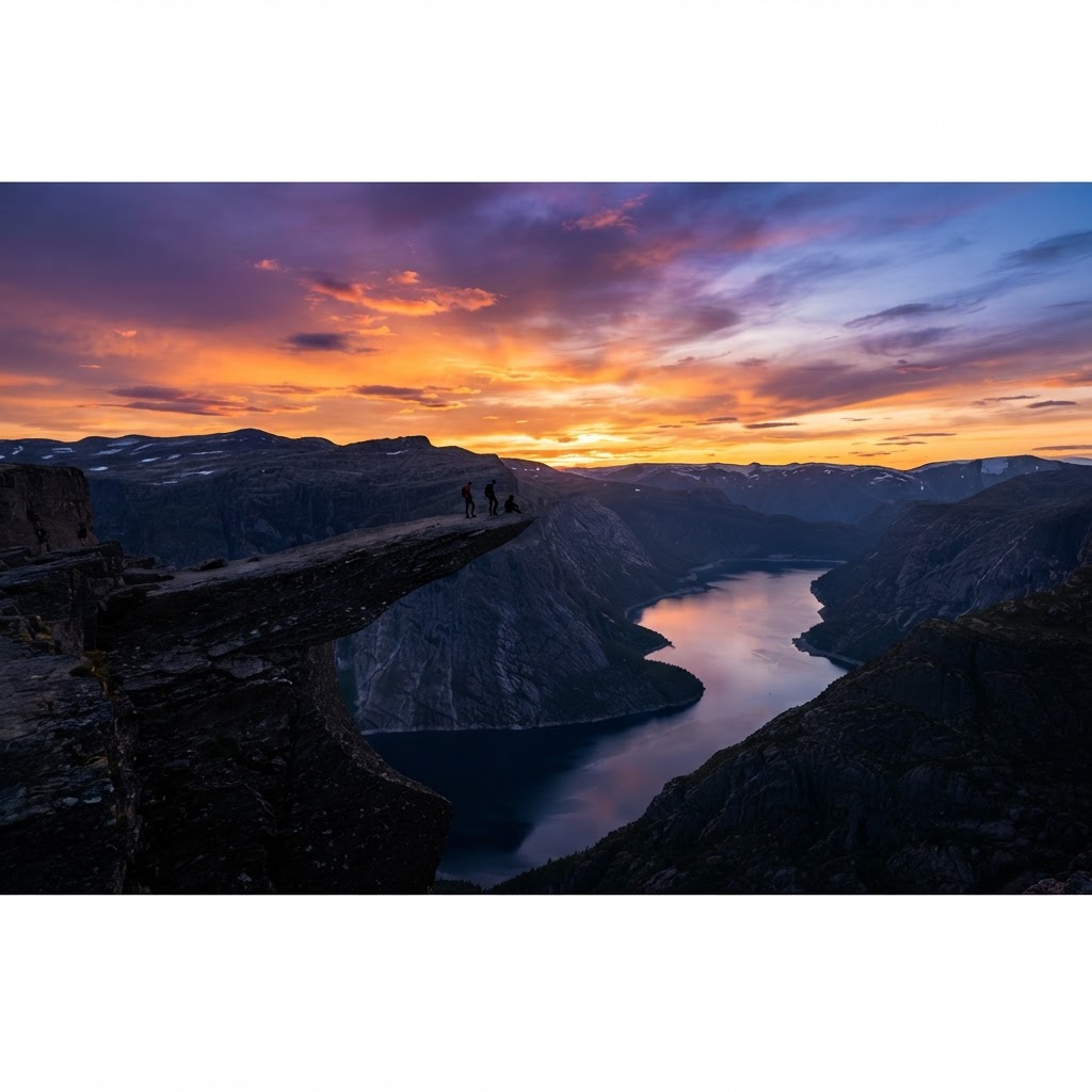 The breathtaking view from the edge as the sun disappears behind the Norwegian mountains.