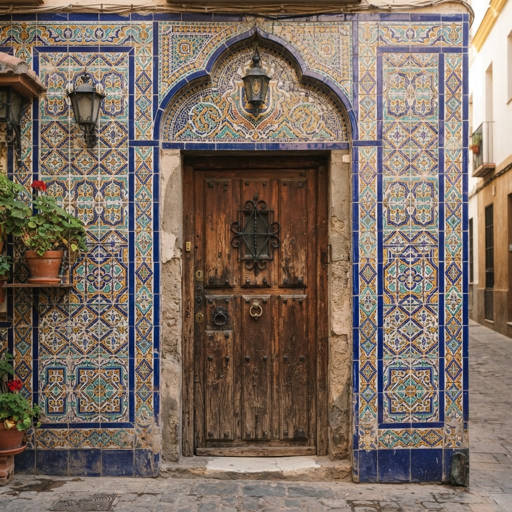 Detailed ceramic tiles decorate an historic building in Seville.