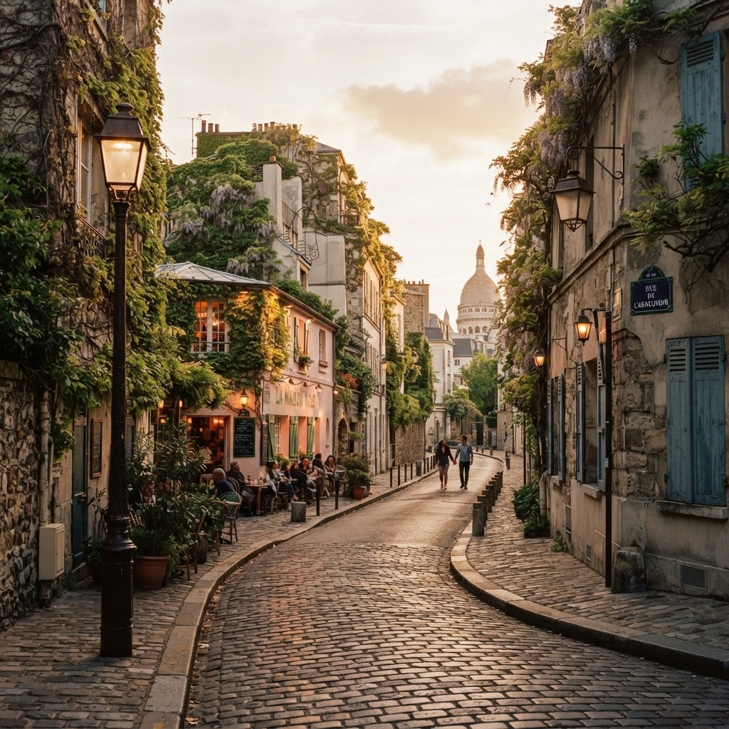 The timeless beauty of Rue de l'Abreuvoir at golden hour.