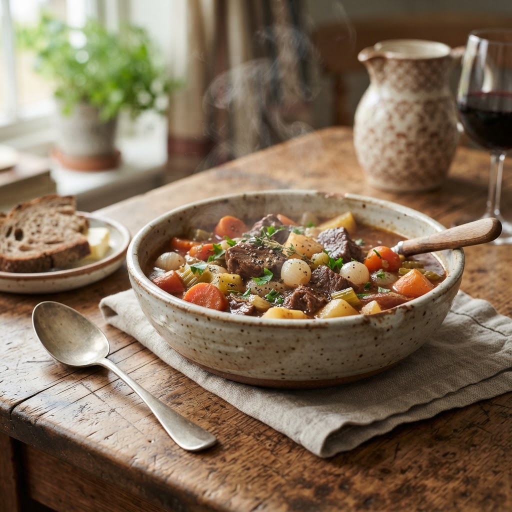 A steaming bowl of tender beef stew served in a rustic setting.