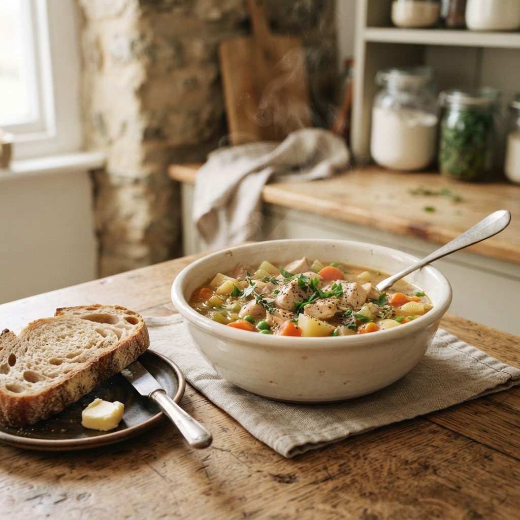 Hearty chicken stew served with crusty bread.