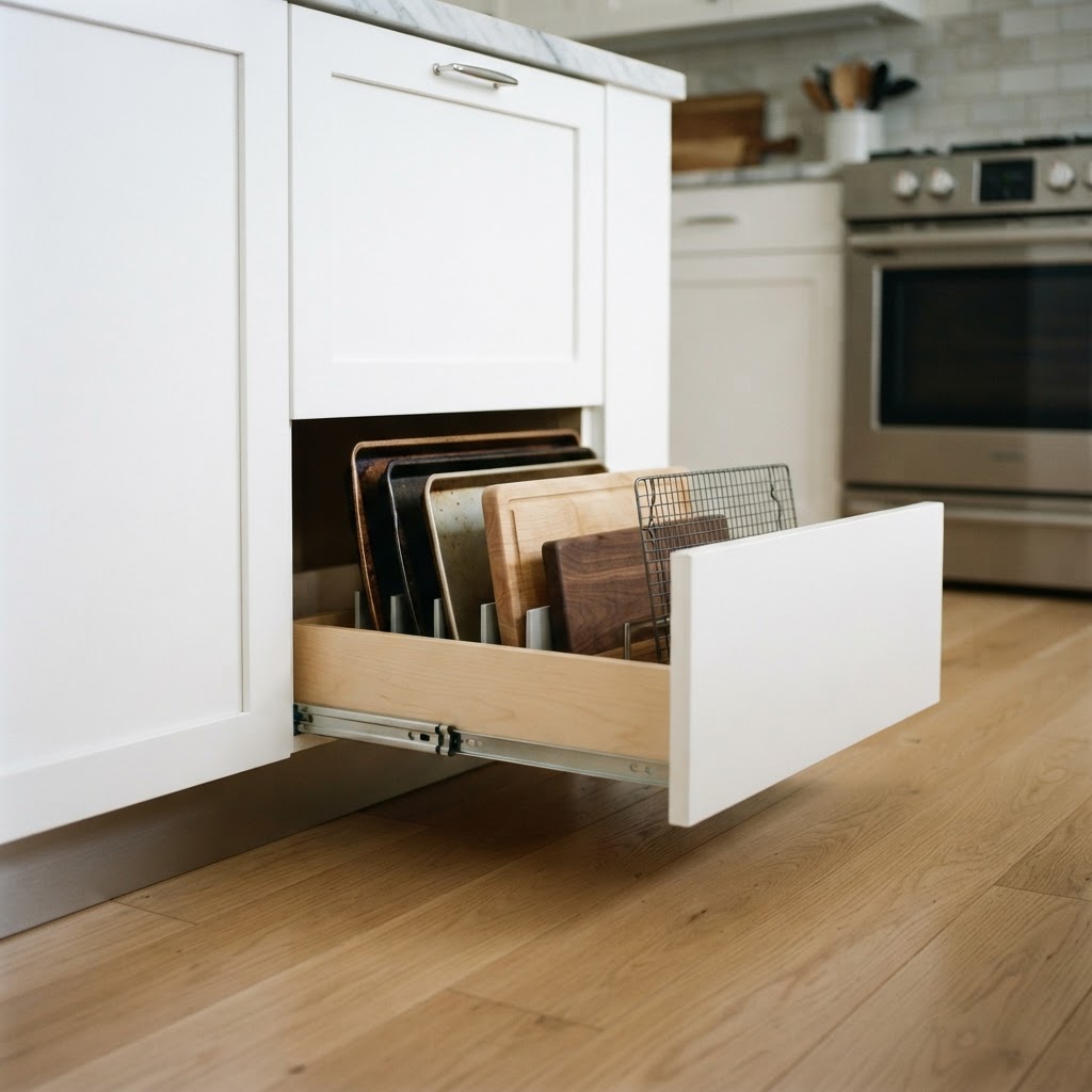 A custom kickboard drawer creates perfect storage for thin baking sheets.
