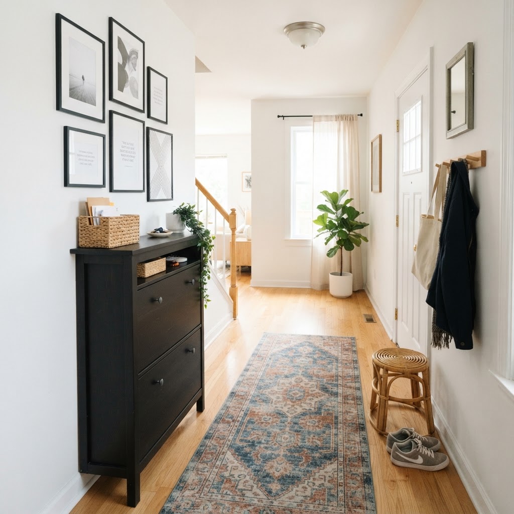 Use rugs and wall art to add character and define the space in a small apartment.