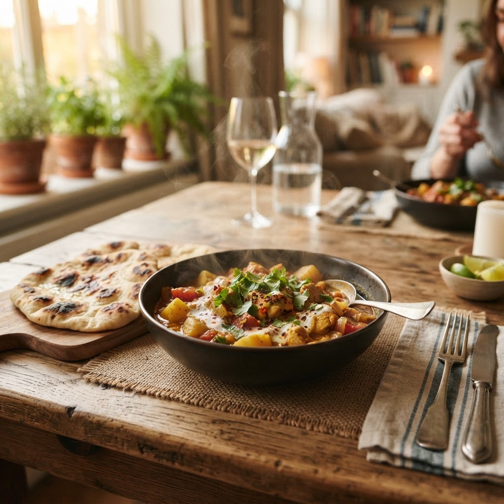 The perfect comfort meal: chicken curry with fresh naan.