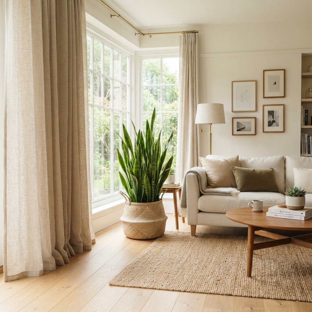 Plants in intentional pots add life and texture to neutral spaces.
