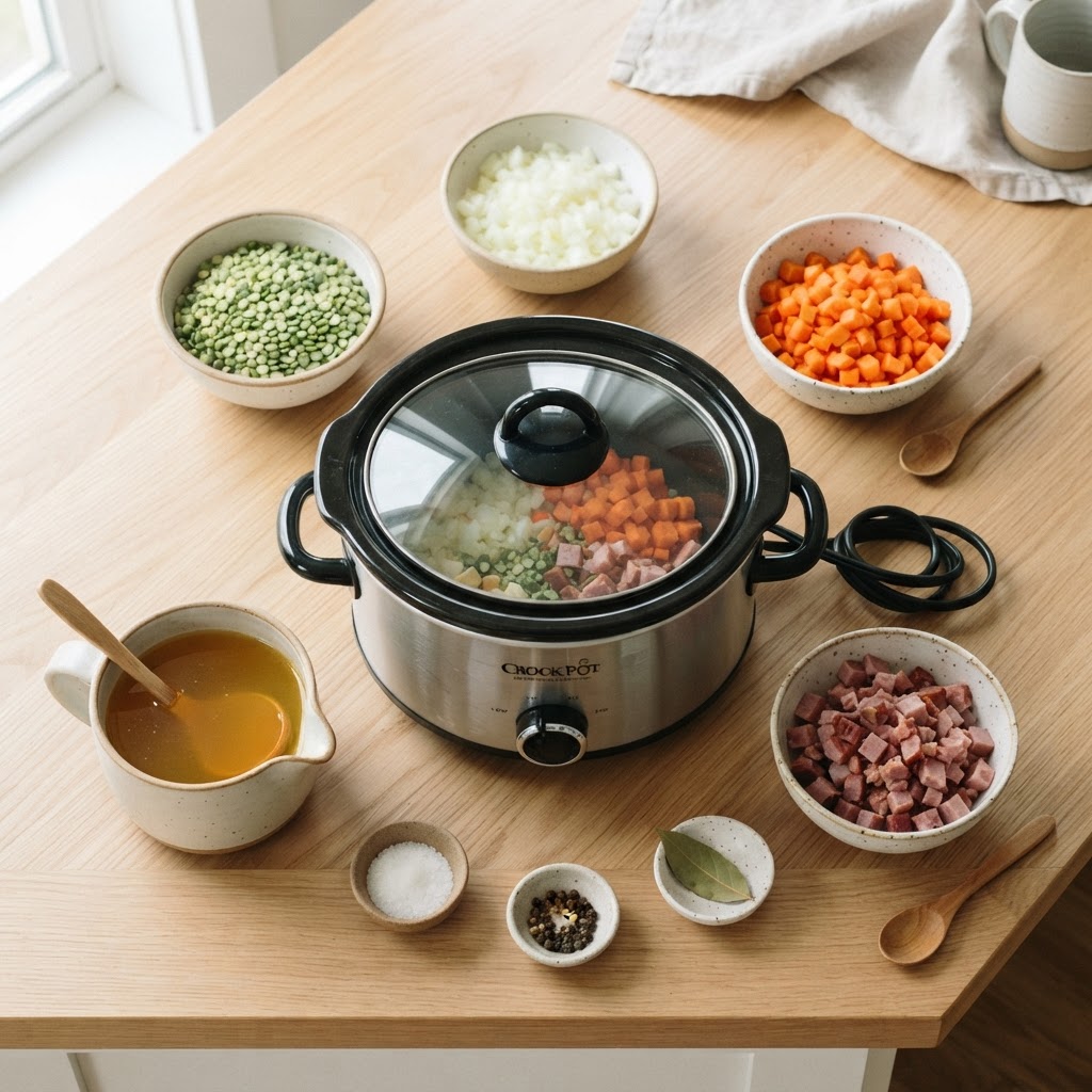 The essential components for a hearty, homemade split pea soup.