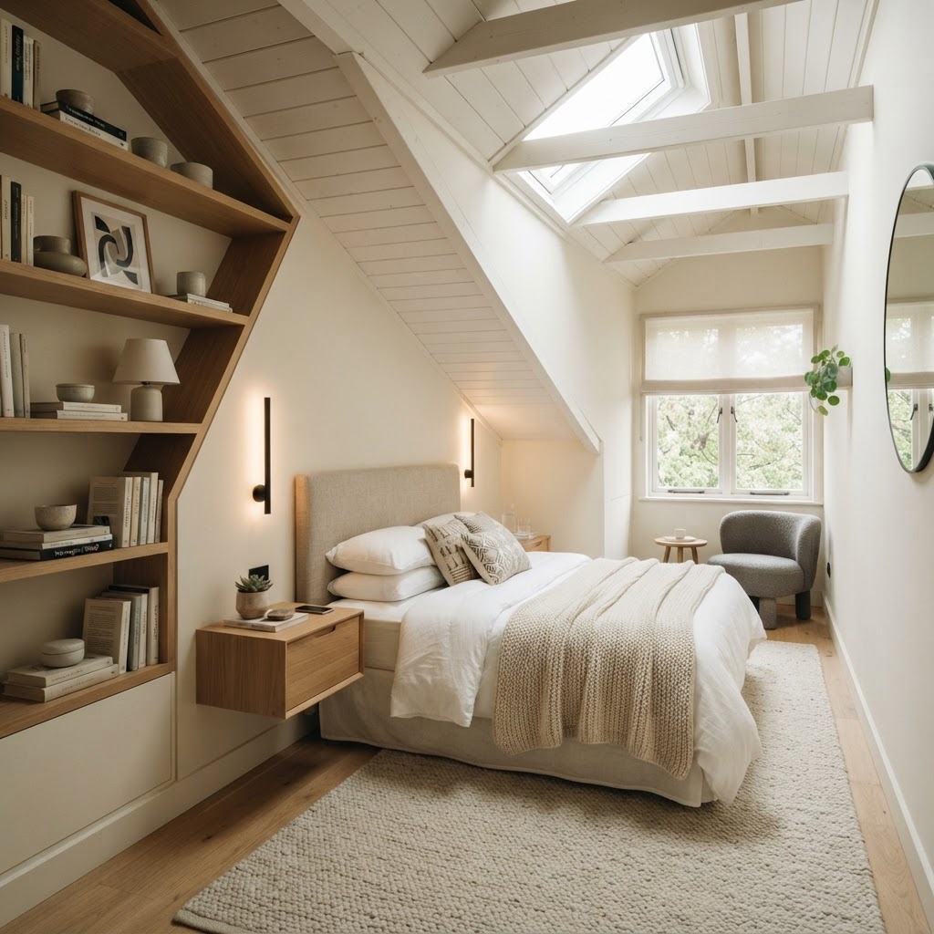 Smart storage solutions for a bedroom with slanted ceilings.