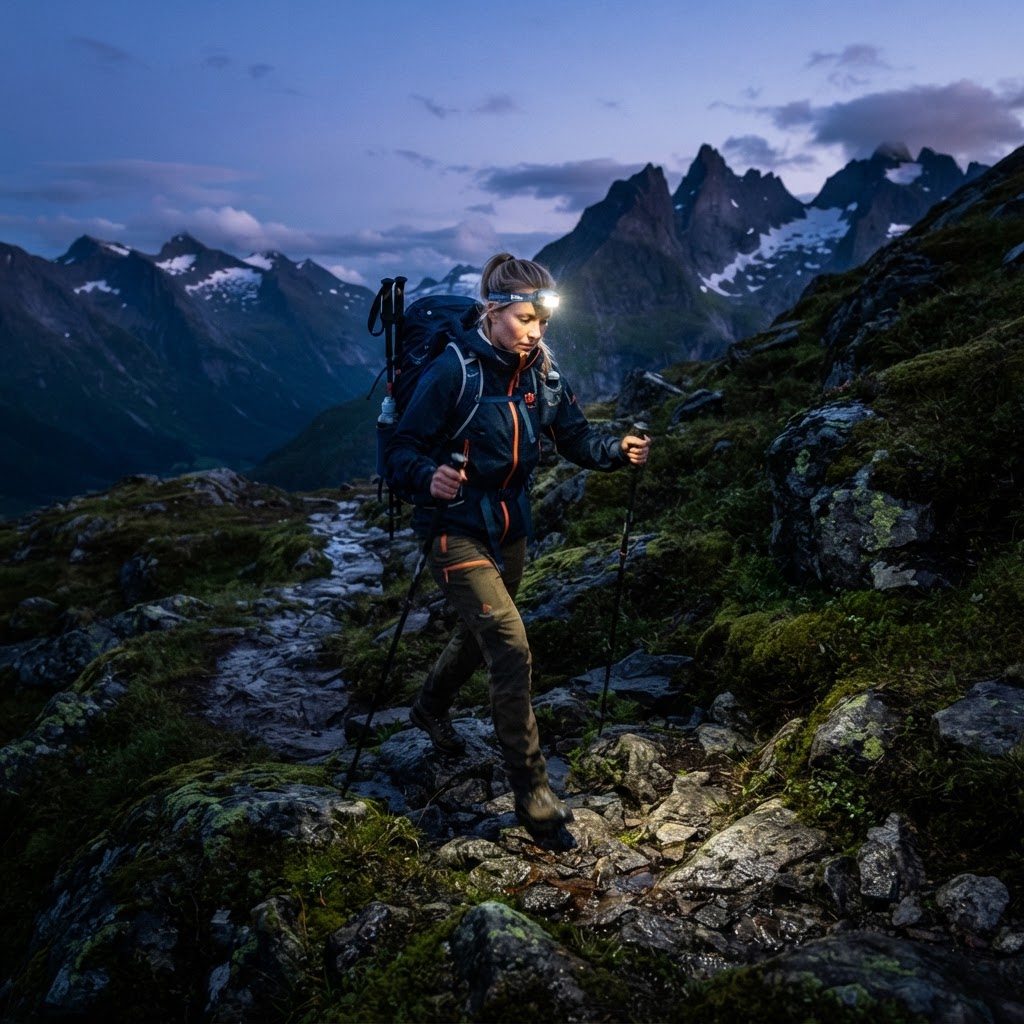 Safety first: navigating the rugged terrain requires proper gear for the twilight return journey.
