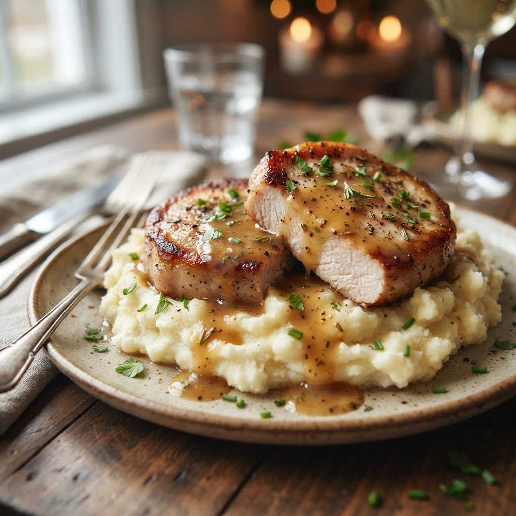 The ultimate comfort food: pork chops served with gravy and potatoes.