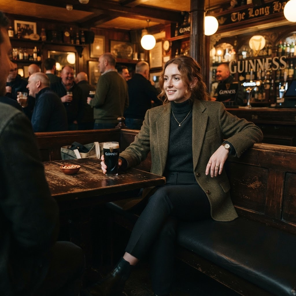 Styling for a cozy evening in a Dublin pub.