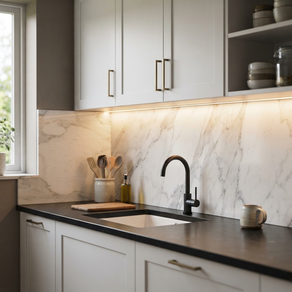 Reflective surfaces and under-cabinet lighting.