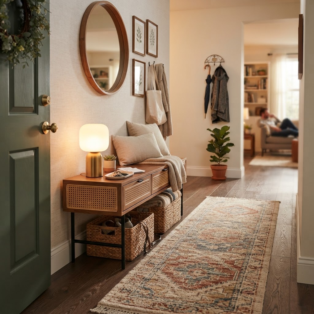 Textiles and lighting can instantly transform a generic apartment entryway into a warm home entrance.