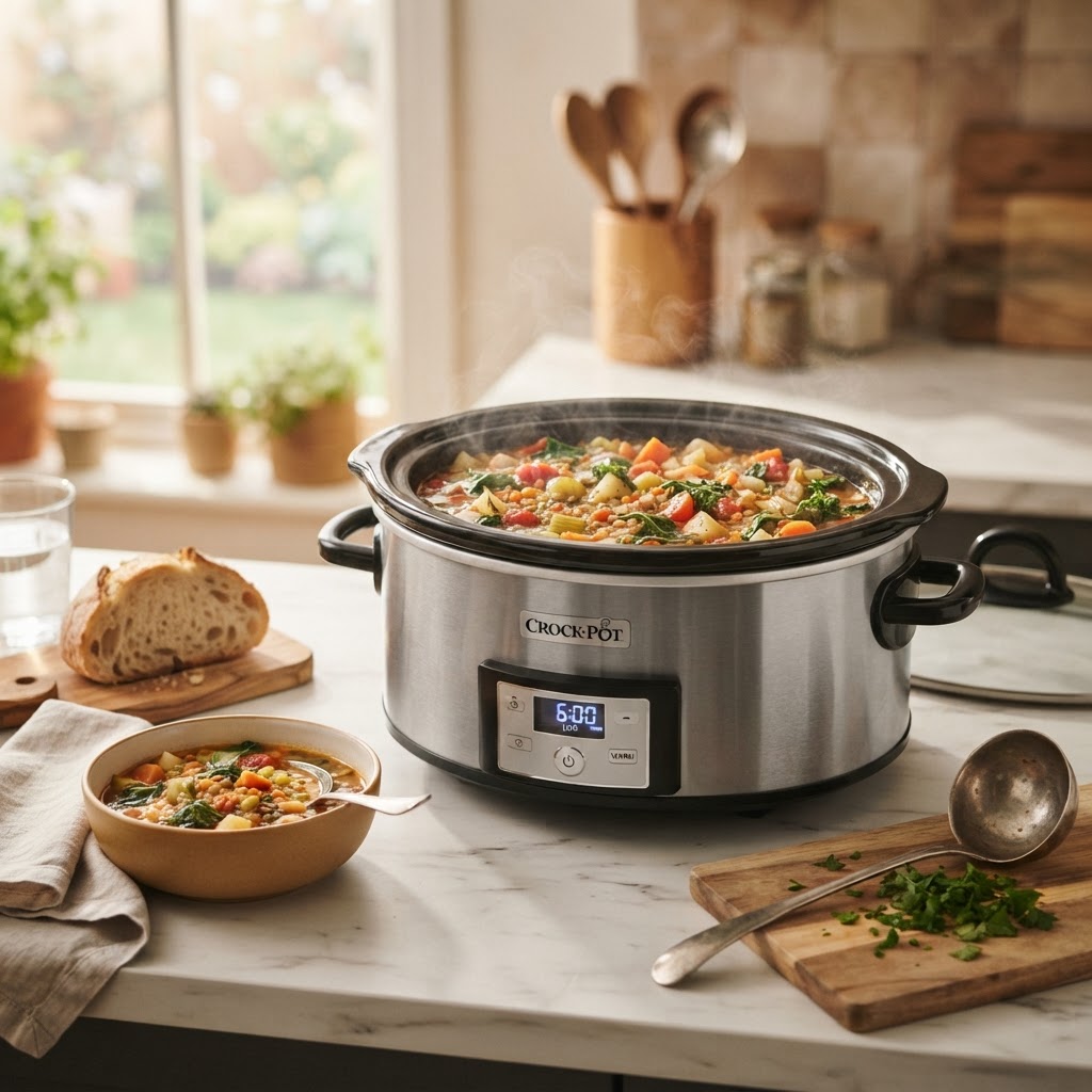 The slow cooker in action, simmering a delicious hearty soup.