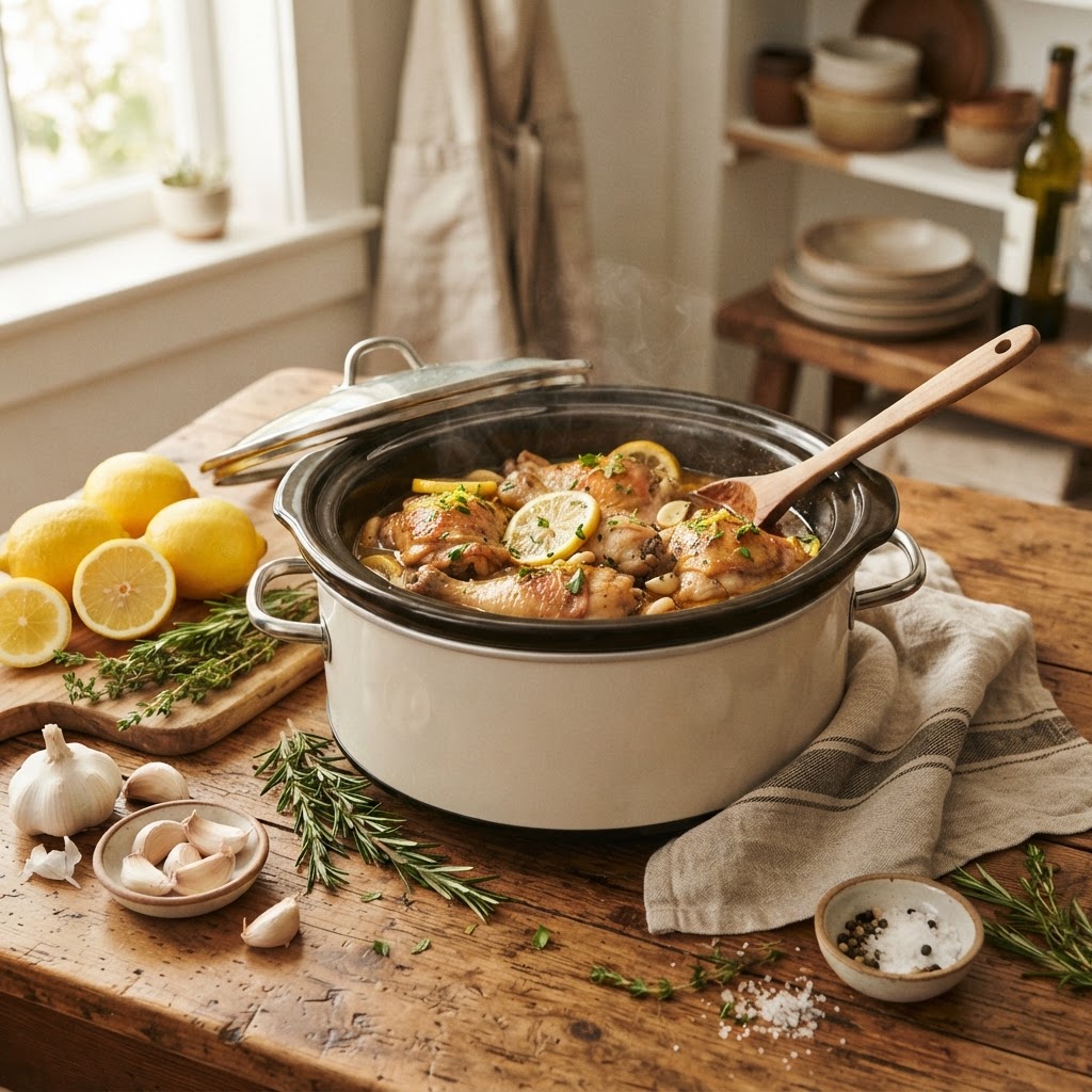 The perfect lemon garlic chicken fresh from the slow cooker.