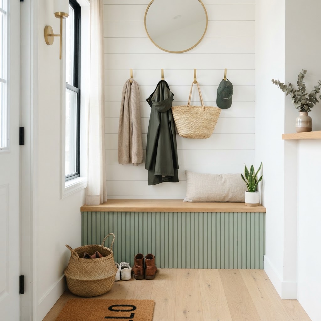 Transforming a small space with a sage green fluted bench.
