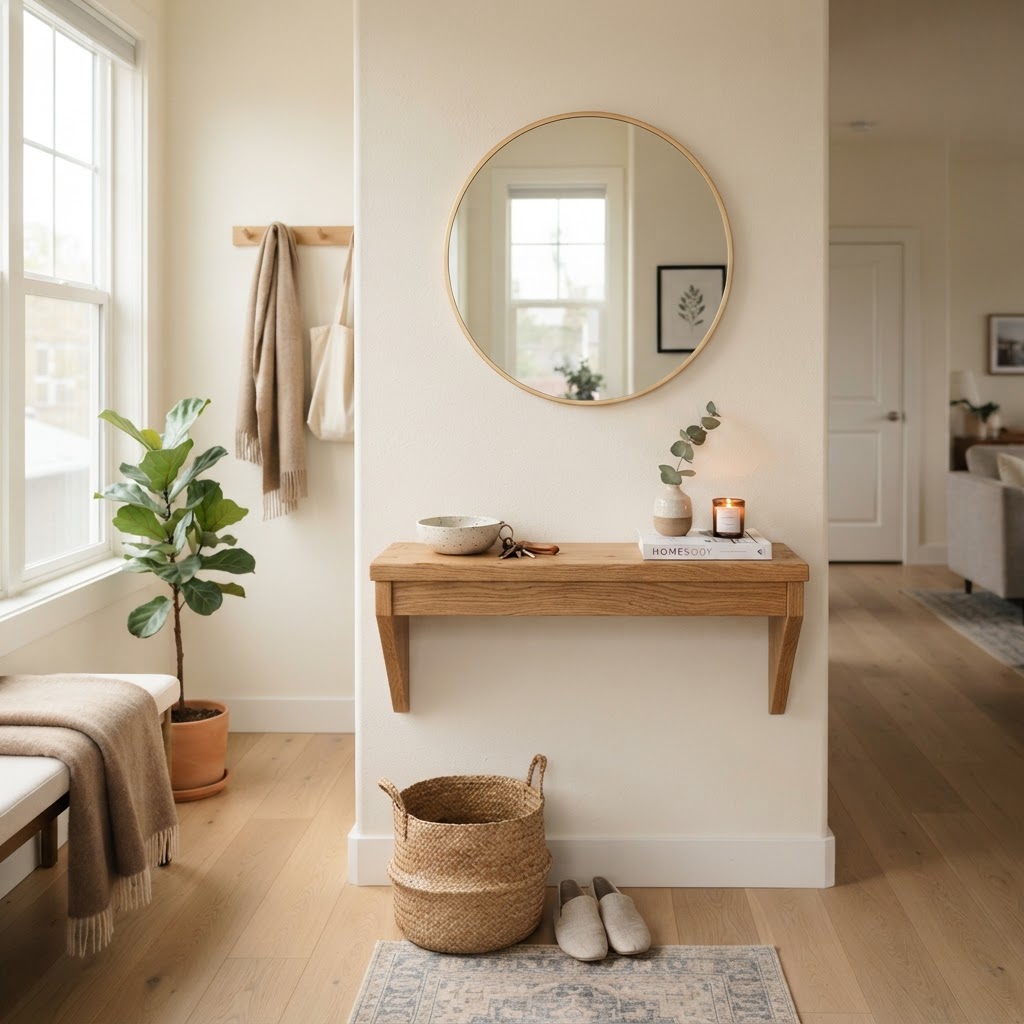 A well-styled, narrow console table makes a perfect landing pad.