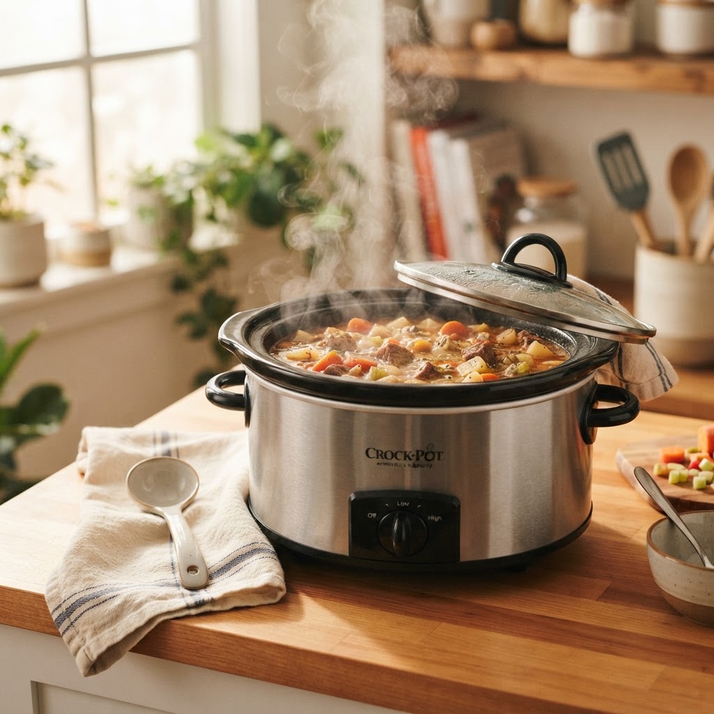 A slow cooker beef stew prepared for two, ready to serve.