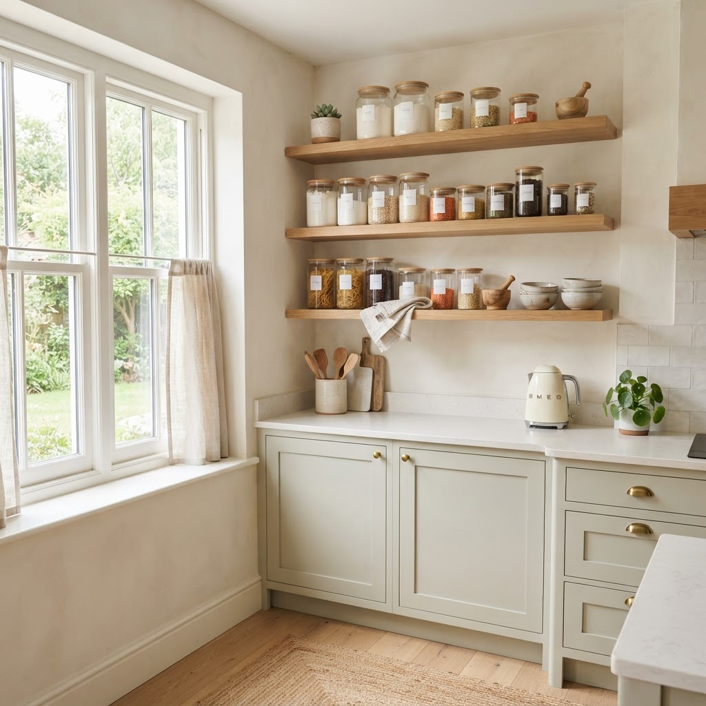 Floating shelves offer beautiful, accessible storage for daily essentials.