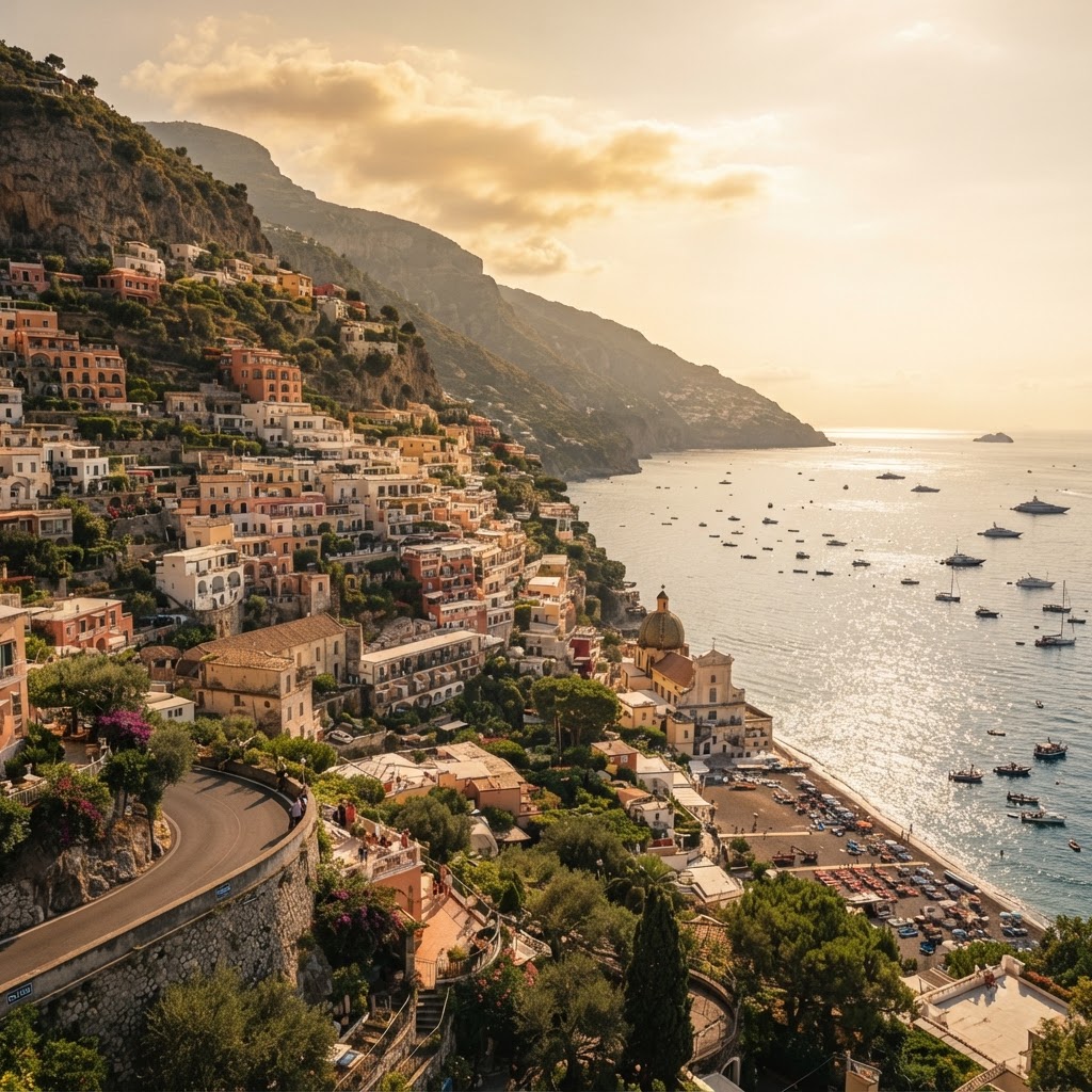 The iconic vertical architecture of Positano glowing at sunset.