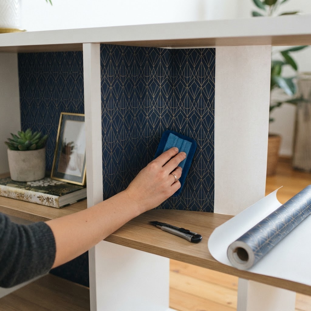 Personalize your furniture by adding a surprise pattern to the back of open shelving.