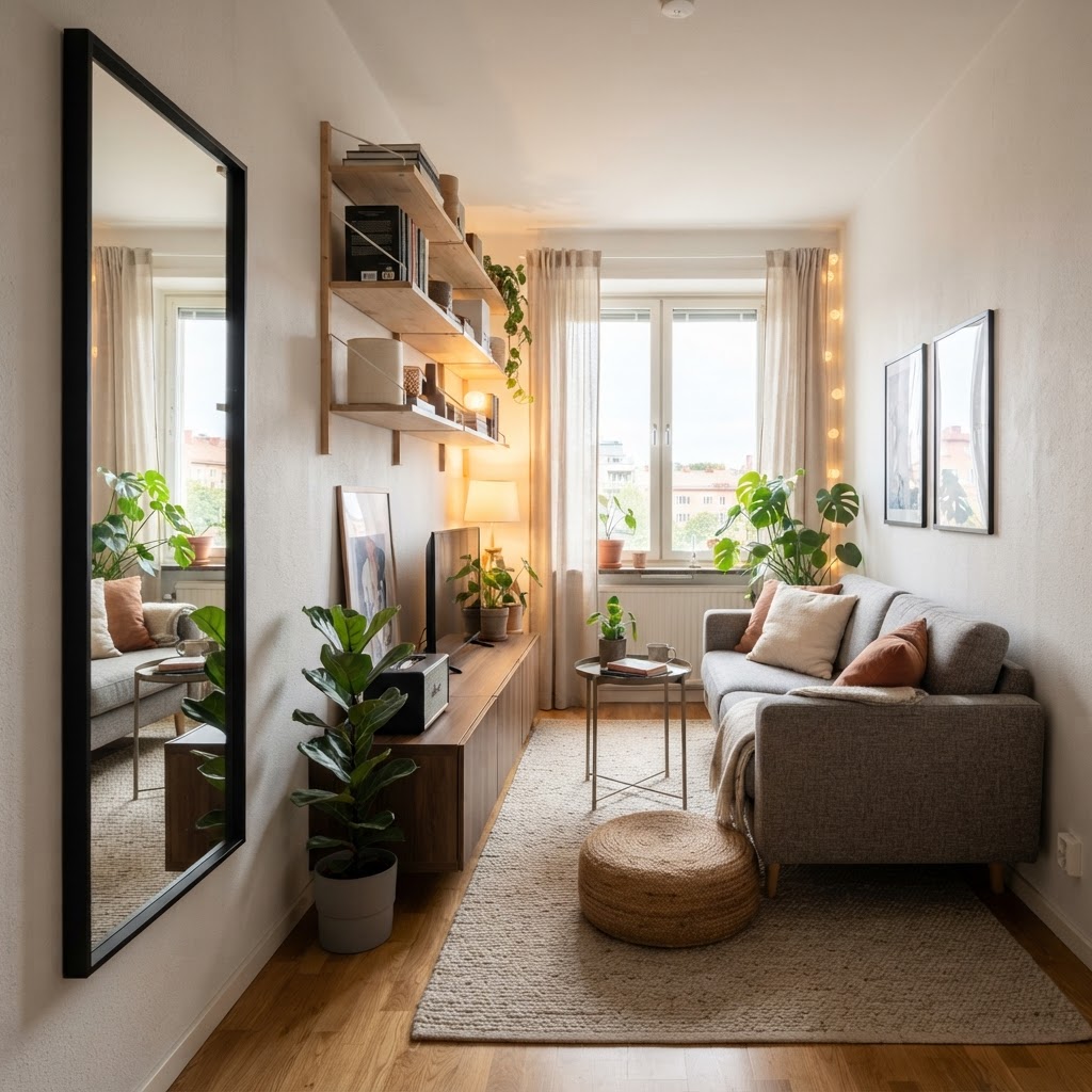 Utilizing vertical space with wall-mounted shelves and mirrors keeps the floor clear.