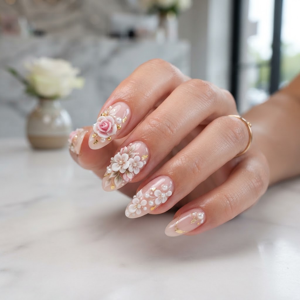 Intricate 3D floral almond nails for a sophisticated manicure.