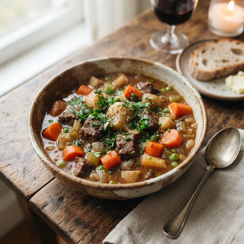 The finished Best Crockpot Beef Stew served in a rustic bowl, showcasing the tender beef and fresh vegetables.