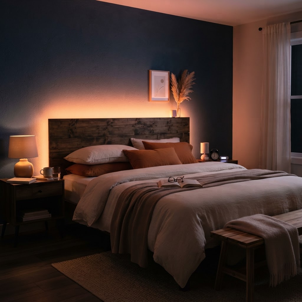 Use warm, sunset tones in the bedroom to encourage better sleep.