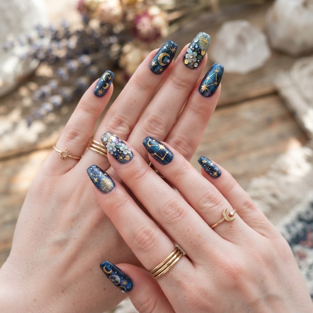 Stunning detail of celestial floral press-on nails.